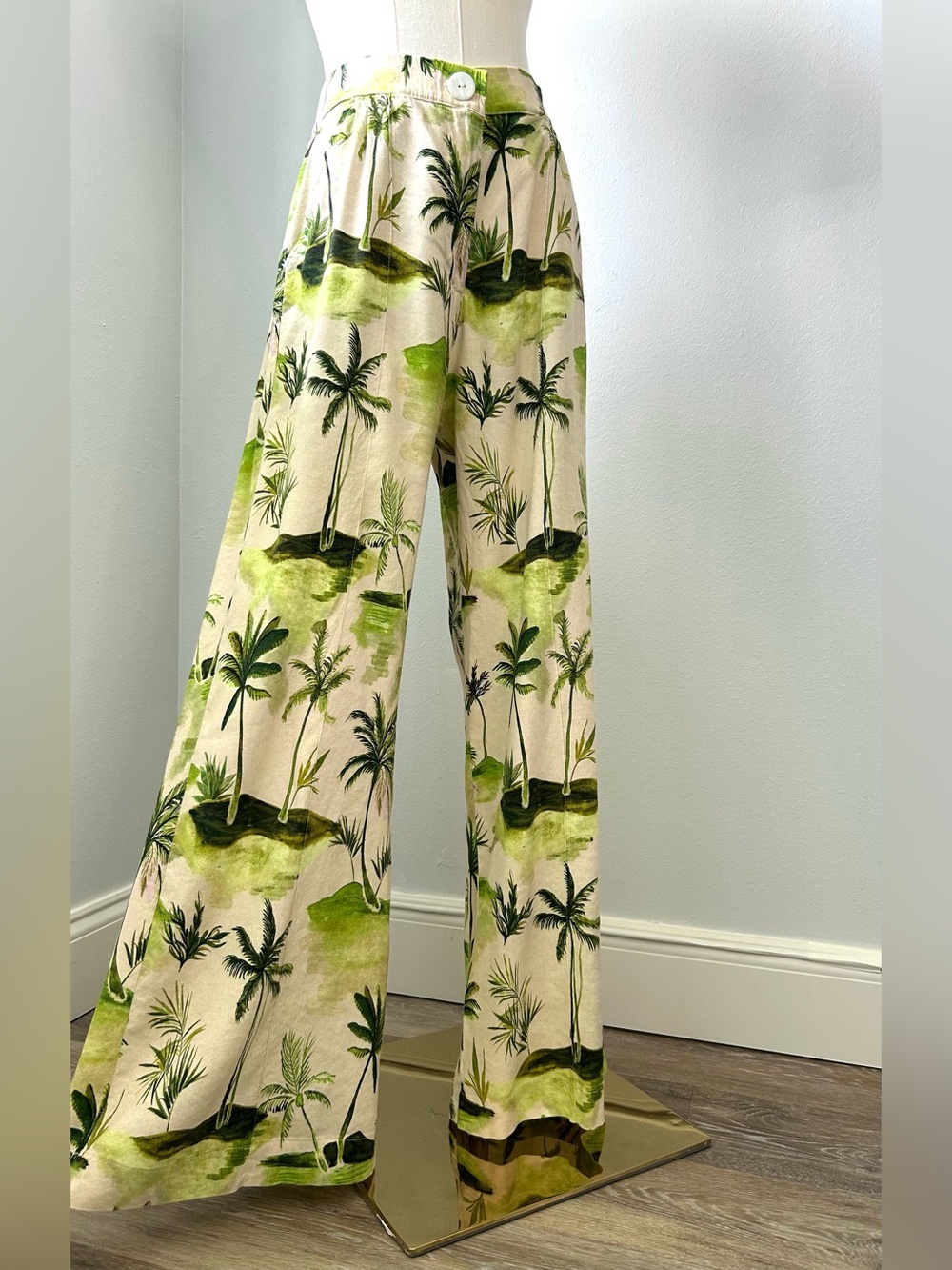 Shore Italian Linen Cream Green Tropical Palm Tree Wide Leg Pants Womens M